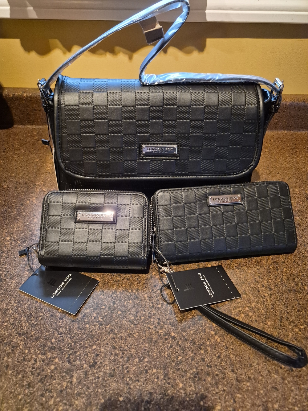 London Fog Black Check Crossbody Bag with Matching Wallets